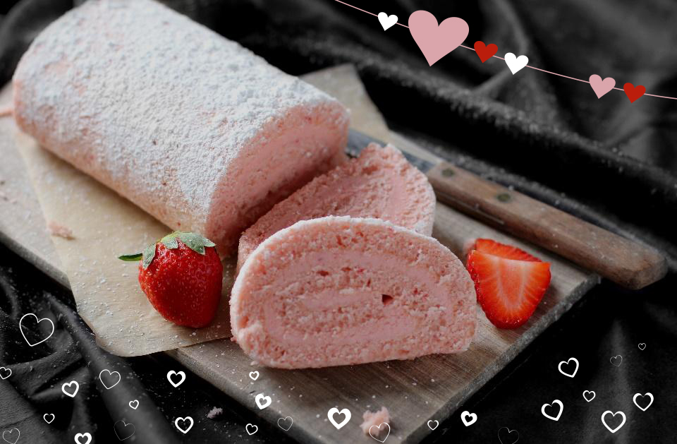 Strawberry Cheesecake Cake Roll with hearts - Valentine Cake Flavors