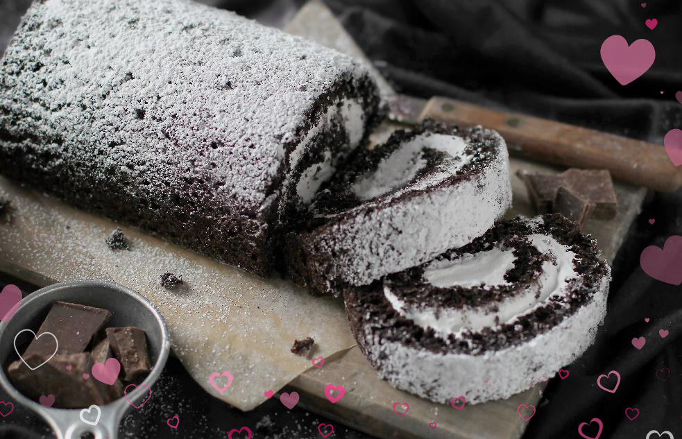 Chocolate Creme Cake Roll with Hearts - Valentine Cake Flavors