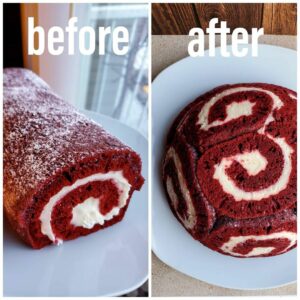 Before and After of Red Velvet Cake Roll to Red Velvet Charlotte Royale