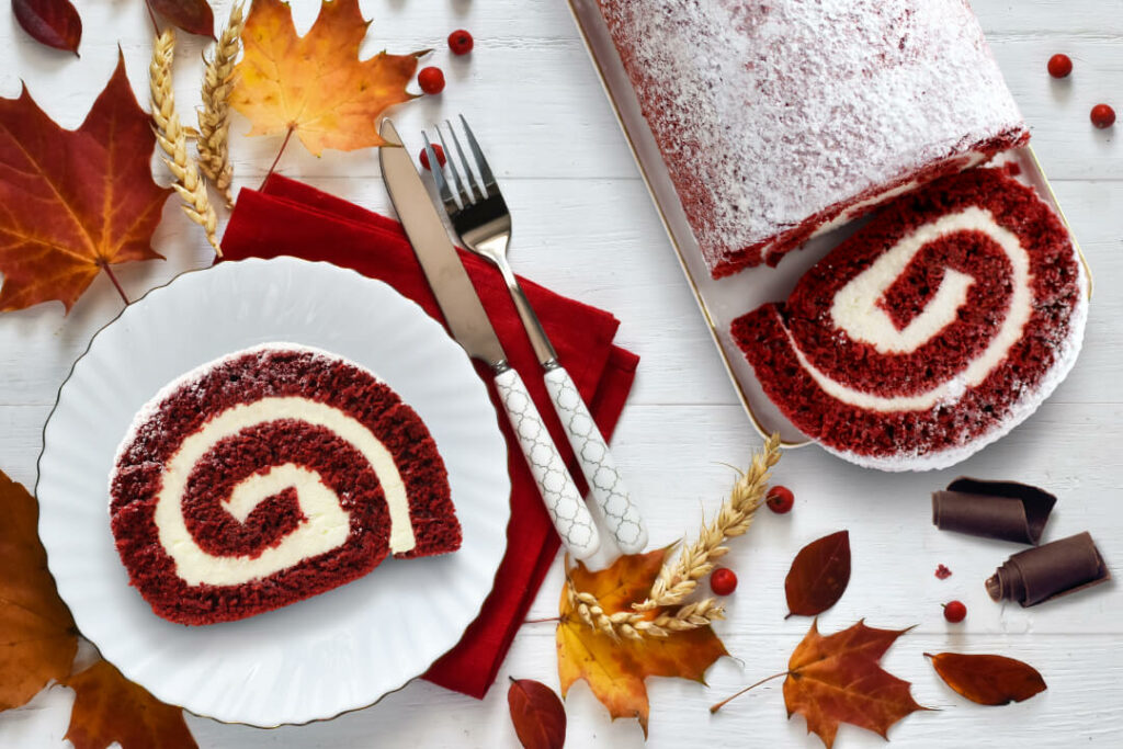 Fall Cake Flavor - Red Velvet - with fall decorations in the background