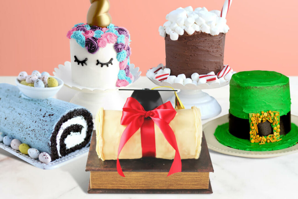National Cake Decorating Day - Collection of Photos for Decorated Cakes - Speckled Egg Cake Roll, Diploma Cake Roll, Leprechaun Hat Cake Roll, Unicorn Cake Roll, and Hot Chocolate Cake Roll