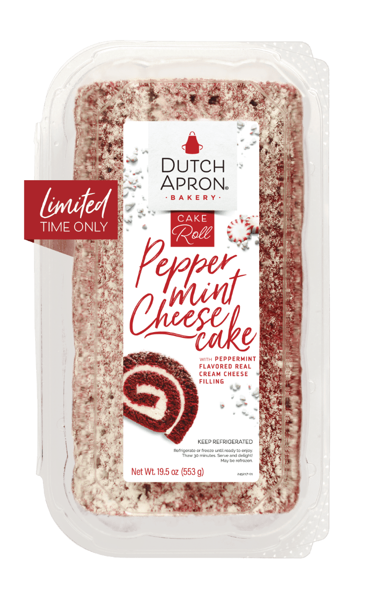 Peppermint Cheesecake Cake Roll in clamshell with label. Limited Time Only banner on image.
