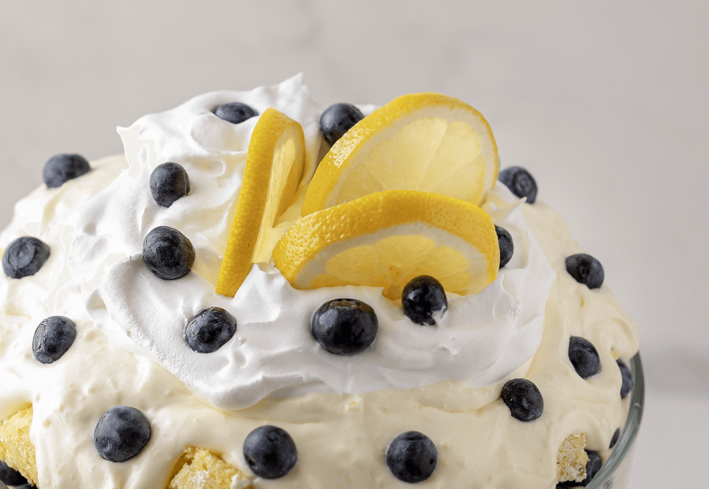 Close up of the top decorations on the Lemon Blueberry Trifle