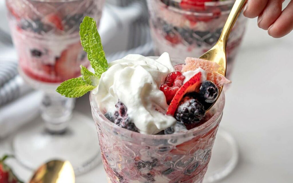 Close up of a glass of Mixed Berry Shortcake