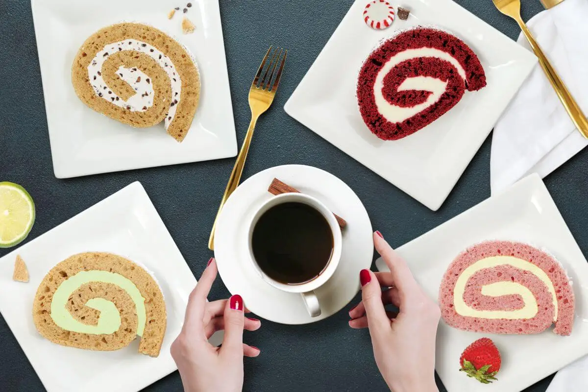 Seasonal Dessert and Drink Pairings blog image - slices of four different cake rolls on white plates with gold forks. In the center, a woman's hands are holding a coffee cup on a saucer.