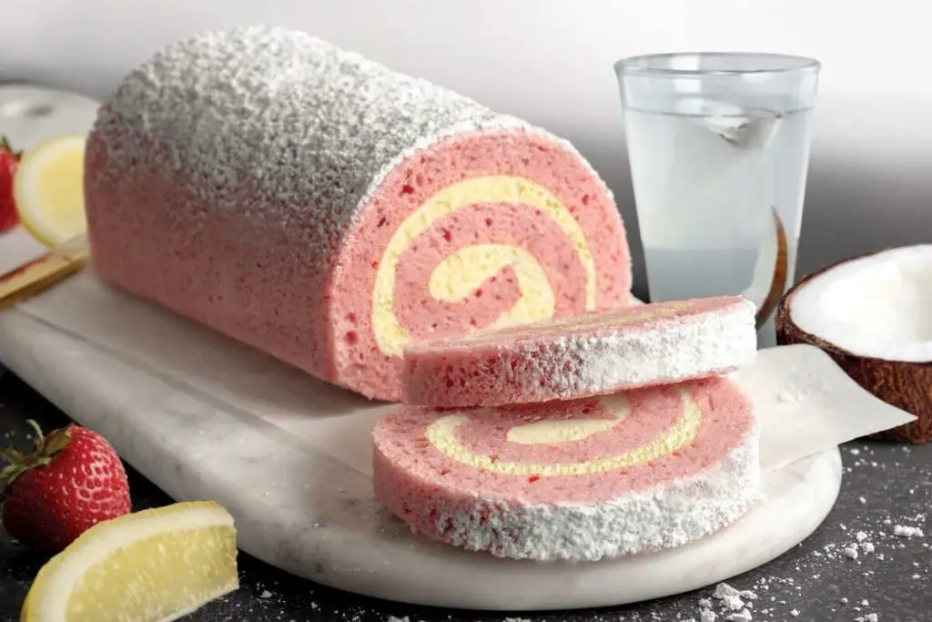 Strawberry Lemonade Cake Roll on marble cutting board. There are two slices in front of the full cake roll. There's strawberries and lemon slices around the roll. Next to the roll is a glass of coconut water and half a coconut.