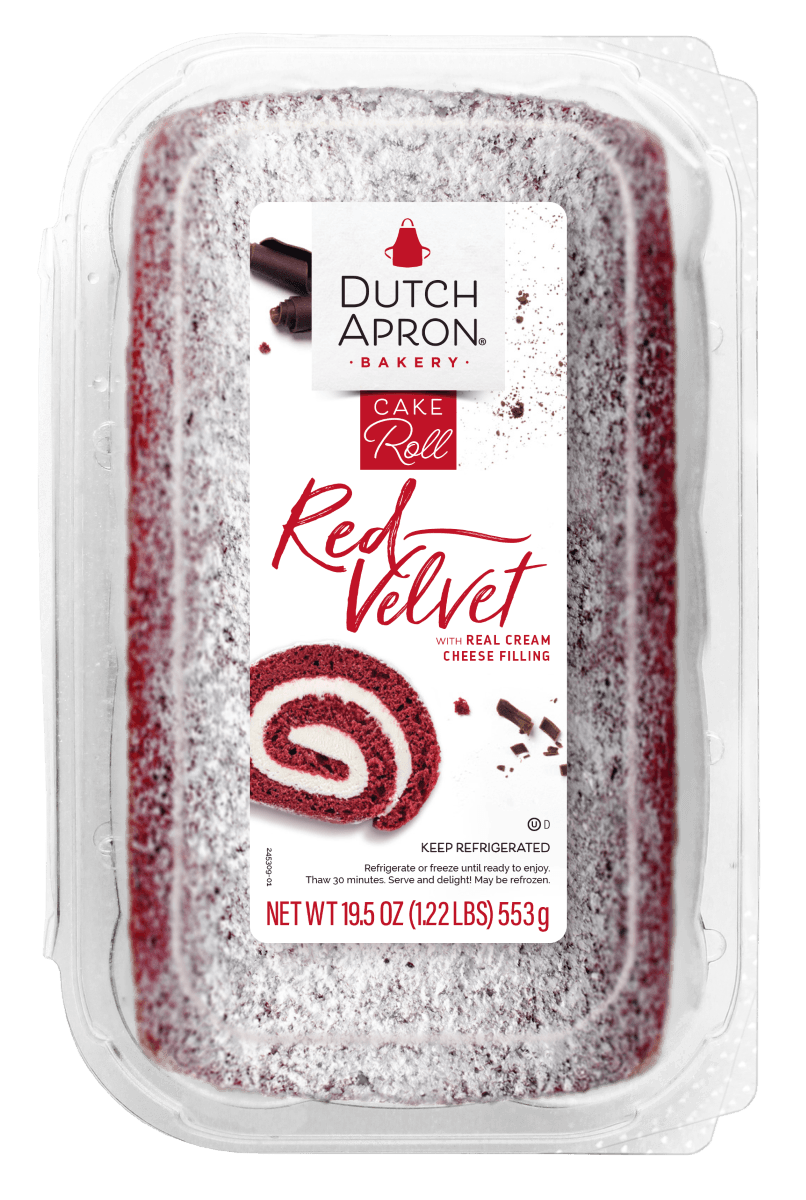Red Velvet Cake Roll in clamshell with label.