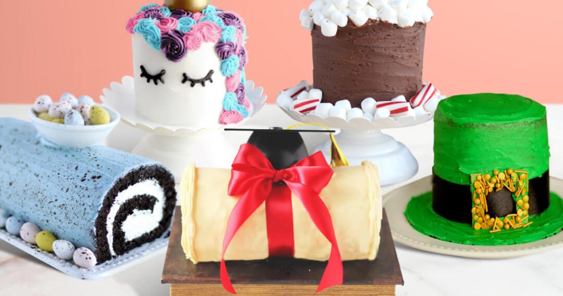 National Cake Decorating Day - Collection of Photos for Decorated Cakes - Speckled Egg Cake Roll, Diploma Cake Roll, Leprechaun Hat Cake Roll, Unicorn Cake Roll, and Hot Chocolate Cake Roll